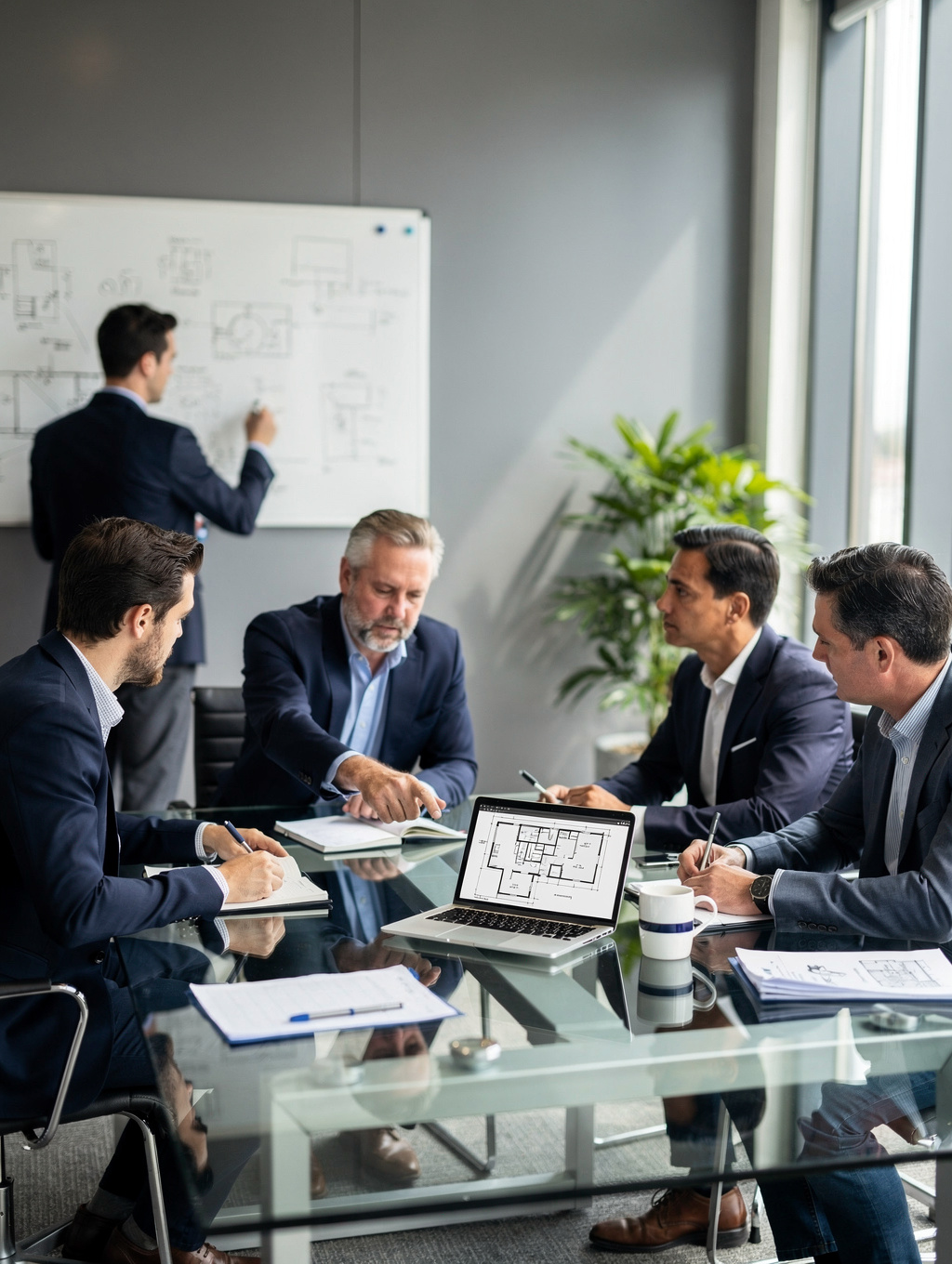 Engineering recruitment specialists collaborating around a technical project blueprint in a modern facility office