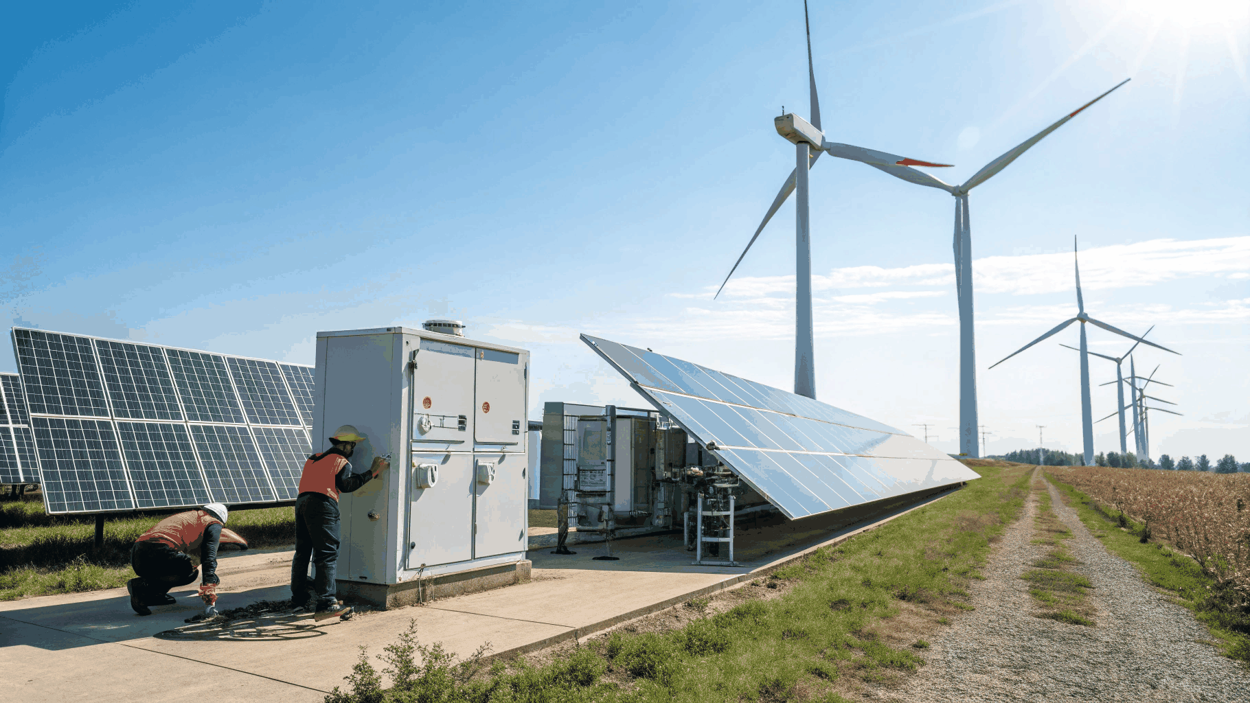 Modern utility-scale wind turbines and battery storage containers