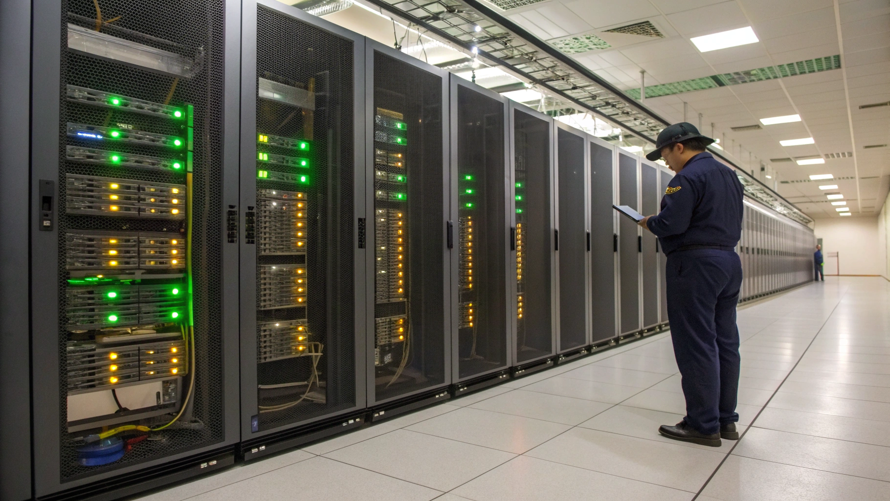 Data center server aisle with pristine high-density racks
